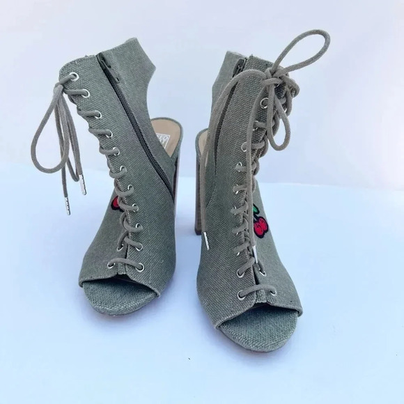 SPEED LIMIT 98 Green Denim Cherry Rainbow Patch Lace Up Heeled Booties - Picture 2 of 8
